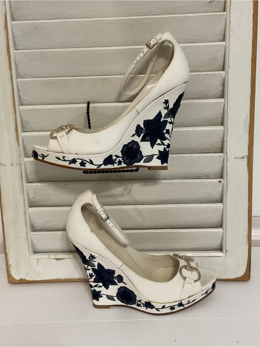 Gucci Horsebit Canvas Wedge with Embroidered Heels